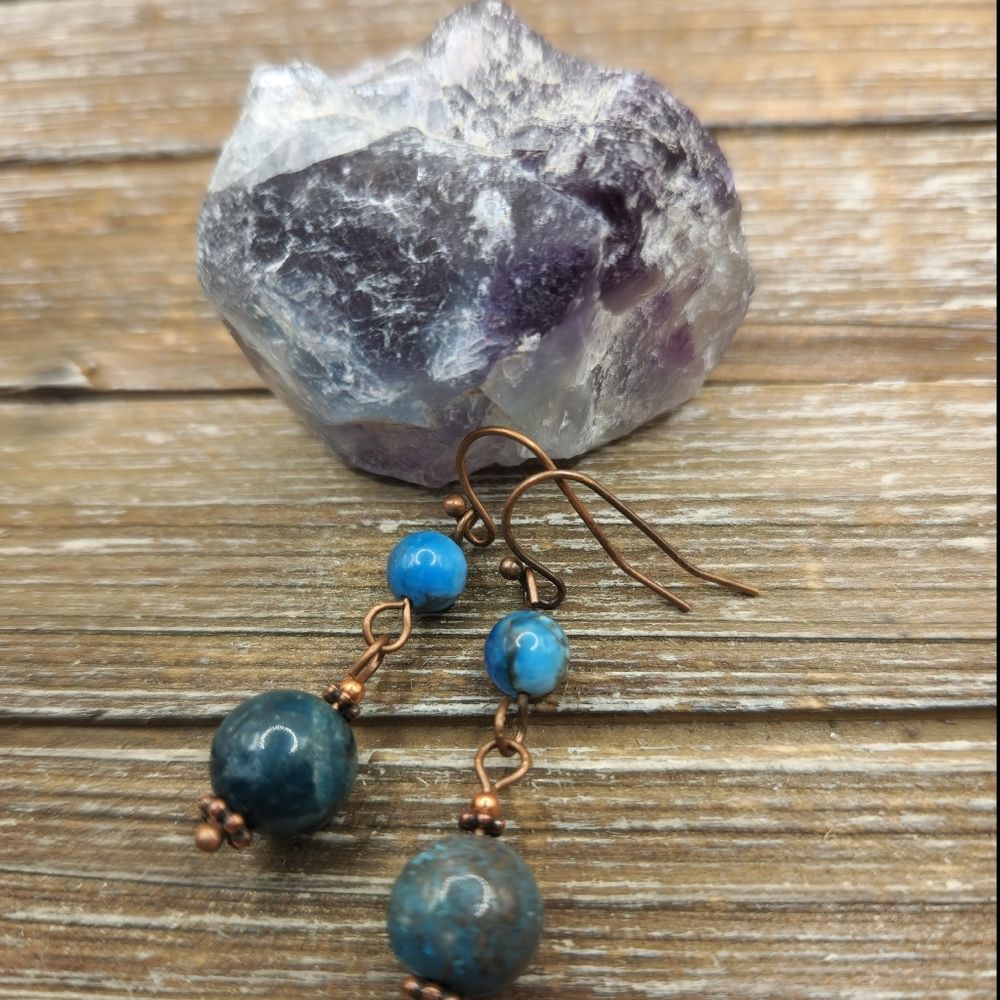 Blue Sky Jasper, Apatite and Copper Drop Earrings
